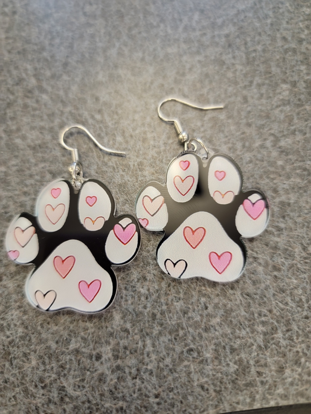 Paw Print Heart Dangle Earrings - Pink & White
